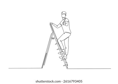 Man climibing ladder continuous one line drawing. Single line art illustration of man climbing ladder. Editable vector.