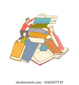 man climping huge book pile. Young hand drawn male character, education learning university or school concept. Isolated illustration white background