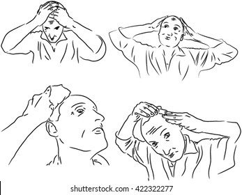 man clings balding head. man stroking his bald head. Alopecia, the fight against hair loss, pencil drawing, black and white illustration to baldness