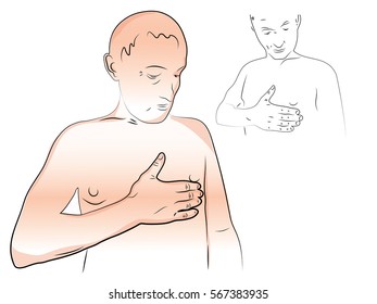 Man clings to his chest. It hurts the heart. Color vector drawing on the theme of pain