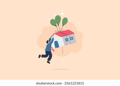 A man clings to a house floating up with balloons, symbolizing the impact of economic challenges such as foreclosures, mortgages, inflation, and financial uncertainty.