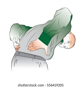 Man clings to the waist, man back hurts,  the back, the man's back color vector drawing on the theme of pain.