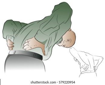 Man clings to the waist,backache.  Color vector drawing on the theme of pain.