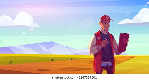 Man with clipboard checking plot land for sale. Sell empty field scene with mountain landscape. Farm game simulator start level background. Happy inspector monitoring property lot for investment.