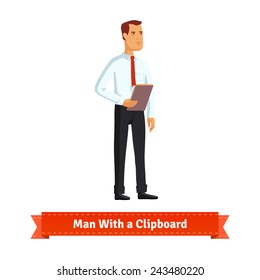 Man with a clipboard dressed in white shirt and tie. Flat style illustration. 