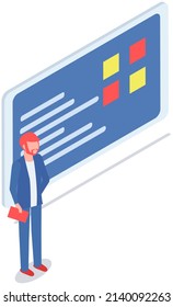 Man with clipboard giving presentation with information, flat style character wearing formal clothes. Male with documents in hand, data and charts at lecture. Manager present business presentation