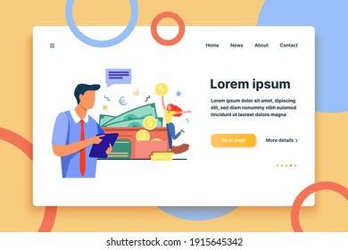 Man with clipboard looking at happy woman holding big coin. Wallet, cash, money flat vector illustration. Finance and wealth concept for banner, website design or landing web page