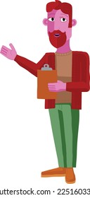 A man with a clipboard pointing out or showing something business illustration. In an original abstract cubist flat modern cartoon style. 