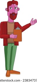 A man with a clipboard pointing out or showing something business illustration. In an original abstract cubist flat modern cartoon style. 