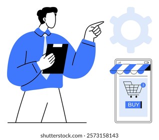 Man with a clipboard pointing towards a shopping cart on a mobile screen with a BUY, button Ideal for e-commerce management online retail business digital shopping online payment systems and tech