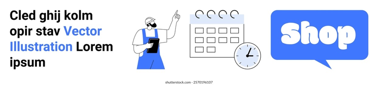 Man with a clipboard points at a calendar and clock with a Shop speech bubble. Ideal for business scheduling, time management, online shopping, productivity, and e-commerce. Banner for landing page