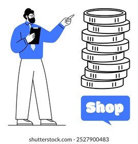 A man with a clipboard points at a stack of coins beside a blue shop button. Ideal for business, shopping, commerce, financial services, marketing. Simple modern style. Vector art