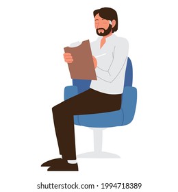 man with clipboard sitting chair