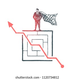The man in the cloak decided a puzzle. Vector business concept illustration, hand drawn sketch.