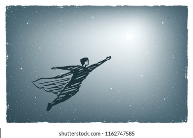 A man in a cloak flies at night to a shining star. Vector hand drawn illustration, concept art sketch.