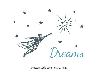 A man in a cloak flies through the night sky to a bright star. Vector concept illustration. Flat hand drawn sketch. Lettering dreams.