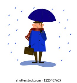 The man in the cloak, hat, suitcase and umbrella, stands in the rain. Vector illustration of a character in flat style.