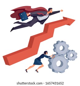 man with a cloak over his shoulders, flies forward as a lifeguard, a red arrow flies up, a woman pushes gears forward, vector illustration, isolated object on a white background