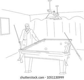 A man in a cloak is standing by the pool table.
The bandit plays in the pool