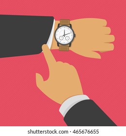Man with clock checks the time. Vector illustration of wristwatch on the hand of businessman in suit. Business concept of checking time, deadline, time limit.