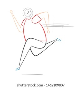 Man with clock head and running, hand drawn vector illustration. Color outlines and white background.