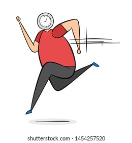 Man with clock head and running, hand-drawn vector illustration. Black outlines and color.
