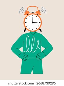 Man with clock instead of head. Concept time pressure. Colorful vector illustration