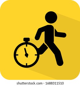 Man and clock sign. Working forward goal. Stopwatch. Countdown. Check in or out time. Flat 3D shadow design. Black vector Yellow Illustration. Product service brand logo. Board label banner. App icon.