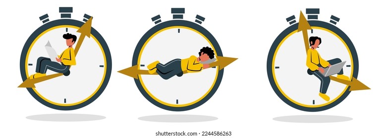 Man with clock time management concept. Productivity, deadline and time to take brake. People read newspaper, sleep and wort on laptop. Vector illustration