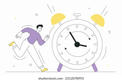 Man with clocks. Time management and setting deadlines, organizing efficient workflow. Responsible employee or entrepreneur with stressful task. Schedule and planning. Linear flat vector illustration
