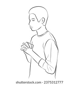 man close eye praying pose character cartoon illustration