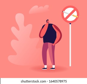 Man Close his Nose near Prohibited Sign with Cigarette. Passive Second Hand Smoking in Public Place Social Problem Concept. Unhealthy Bad Habit, Tobacco Addiction. Cartoon Flat Vector Illustration