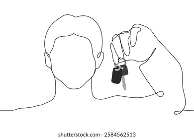 man close up holding car keys at head level - one line art vector. Handmade vector not AI