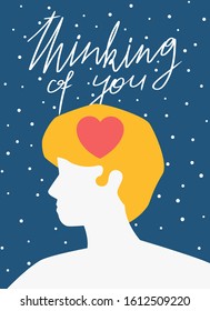 Man up close minimalistic style with heart in head with lettering thinking of you flat romantic poster for valentines day