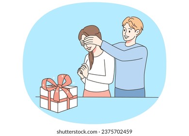 Man close woman eyes making surprise. Male lover congratulate greet female present gift box on birthday or special occasion. Vector illustration.