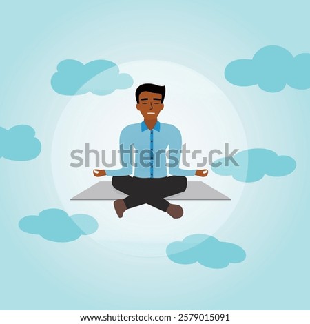 Man with closed eyes meditates inside a bubble of mindfulness in the blue sky between clouds