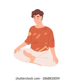 Man with closed eyes meditating with his legs crossed. Young guy practicing meditation, breathing exercises and relaxing in yoga lotus pose. Flat vector illustration isolated on white background