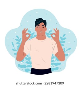 Man with closed eyes meditating. Stress Awareness Month. The concept of zen and harmony. Mental Health Awareness Month.