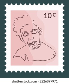 Hombre con ojos cerrados en postmark o postal con precio. Línea minimalista de personas mirando hacia abajo, gente famosa. Marca postal o carrito, sello para comunicación y correspondencia, vector
