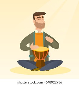 Man with closed eyes playing the ethnic drum. Caucasian mucisian playing the ethnic drum. Hipster man with beard playing ethnic music on the tom-tom. Vector flat design illustration. Square layout.