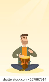 Man with closed eyes playing the ethnic drum. Caucasian mucisian playing the ethnic drum. Hipster man with beard playing ethnic music on the tom-tom. Vector flat design illustration. Vertical layout.