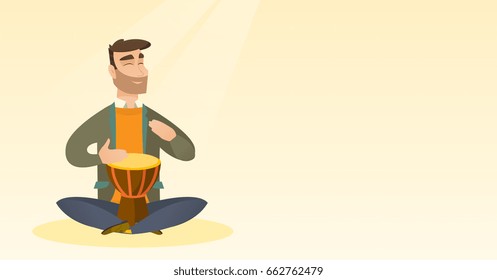 Man with closed eyes playing the ethnic drum. Caucasian mucisian playing the ethnic drum. Hipster man with beard playing ethnic music on the tom-tom. Vector flat design illustration. Horizontal layout