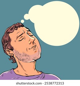 Man with closed eyes thinking. Meditation and reflection of a person. Dreaming about a product or service. Comic cartoon pop art retro vector illustration hand drawing