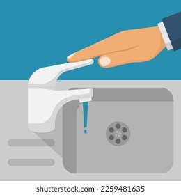 The man closes the hand faucet. Save water. Shut off the water. Vector illustration flat design. Isolated on background. Care for saving resources.