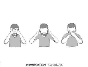 man closes his eyes, closes his ears, closes his mouth. I don’t see anything, I don’t hear anything, I don’t say anything. vector illustration.