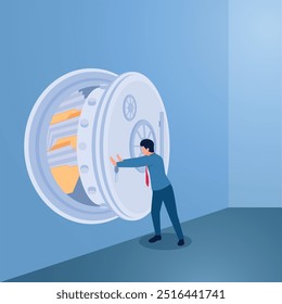 Un hombre cierra una caja fuerte que contiene carpetas, una ilustración de seguridad de datos, protección de archivos, privacidad.