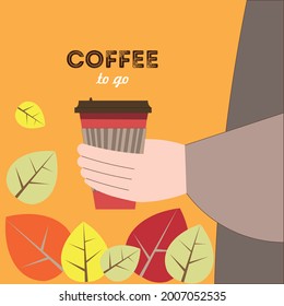 A man close-up hand in a brown sweater, holding a large disposable red cup of coffee with a lid. Orange background with autumn multi-colored leaves. Flat style, vector