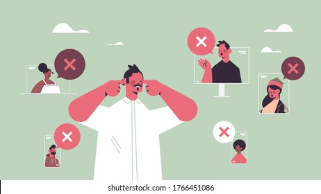 man closing ears suffering from noise keep quiet silent concept chat bubble with cross sign quiet zone horizontal portrait vector illustration