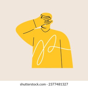 Man closing eyes with palm gesture, looking through fingers. Colorful vector illustration
