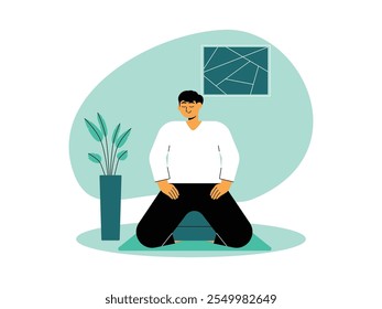 Man closing his eyes in kneeling position on mat with special pad, wearing white long sleeve, black trousers, meditation vector illustration.